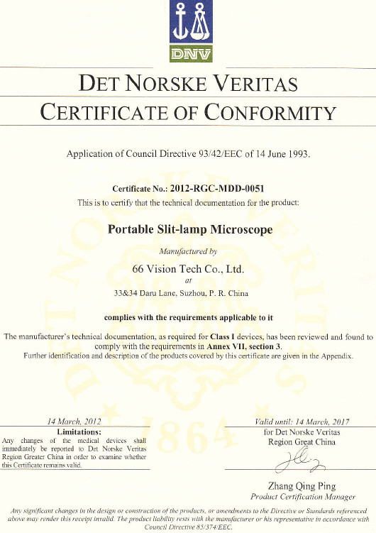 Porcellana 66 VISION TECH CO., LTD Certificazioni