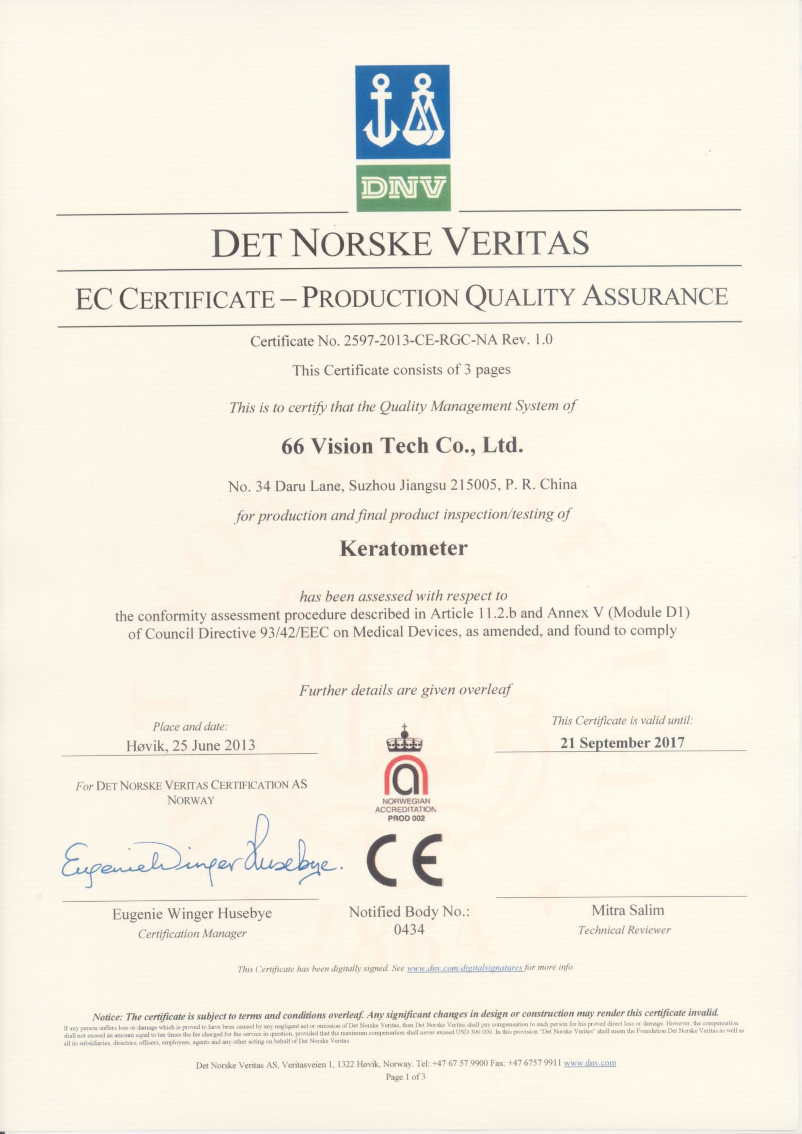 Porcellana 66 VISION TECH CO., LTD Certificazioni